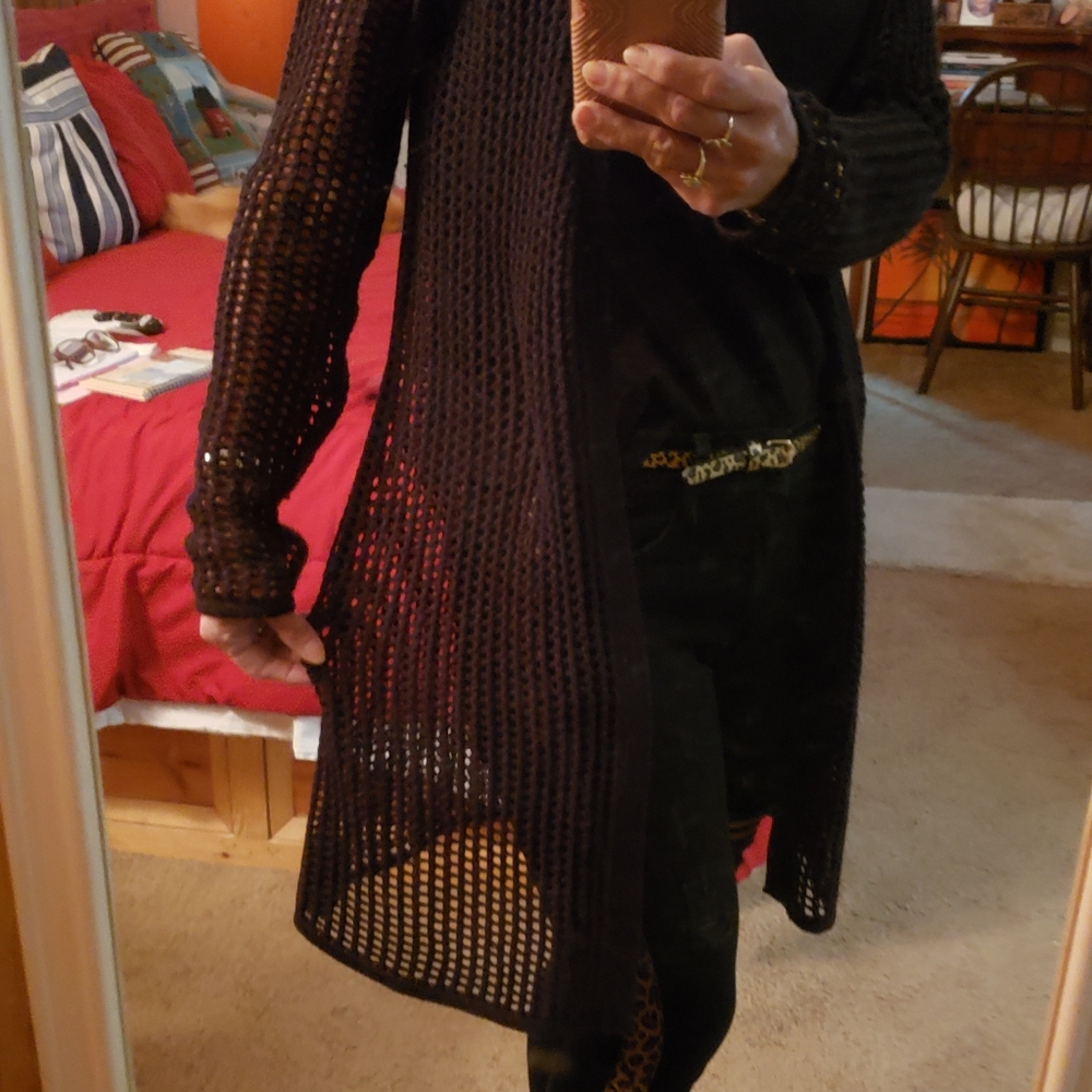 Beautiful black crocheted cardigan/kimono.